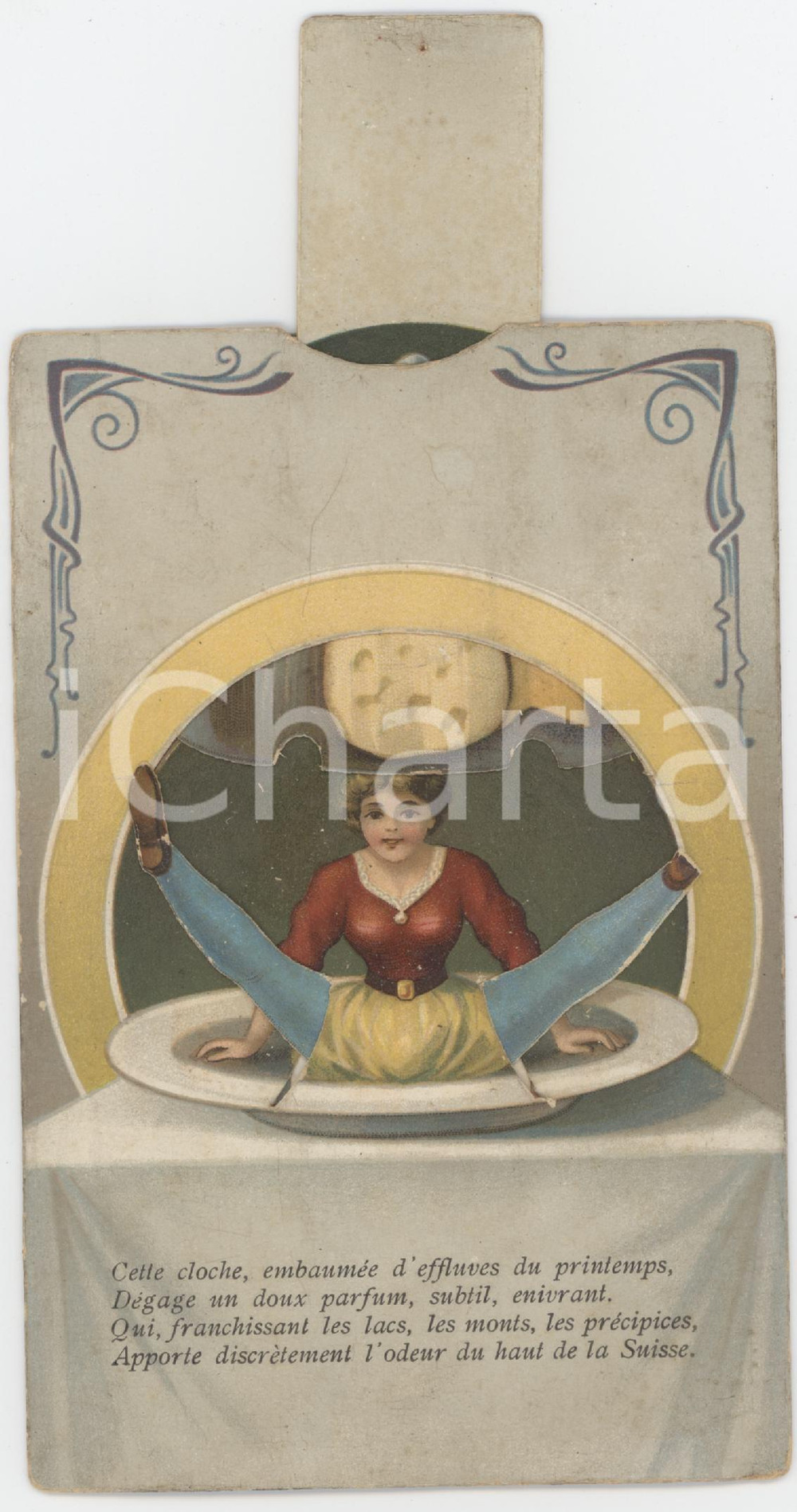 1910 ca SUISSE - Cloche de fromages - Femme - Cartolina con meccanismo RARA  Cartolina postale d'epoca, non viaggiata, con striscia di cartoncino che consente il movimento. POOR/danneggiato cartolina in buone condizioni generali, ma manca un piede della donna Formato: 9x14 cm originale e autentica 1