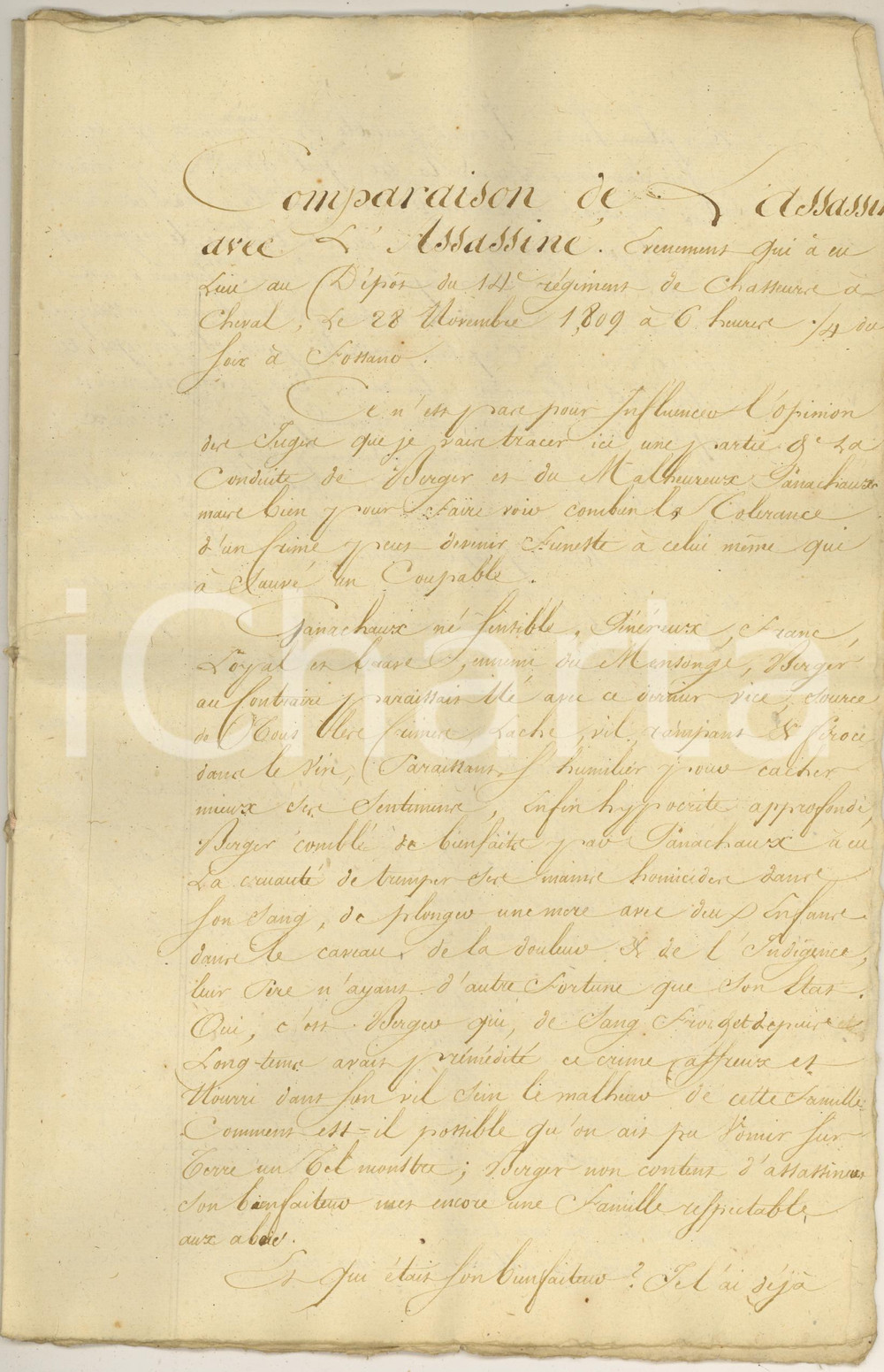 Manoscritto, lettera originale 1809 FOSSANO Chasseurs à cheval  Comparaison assassin et assassiné Manoscritto 1