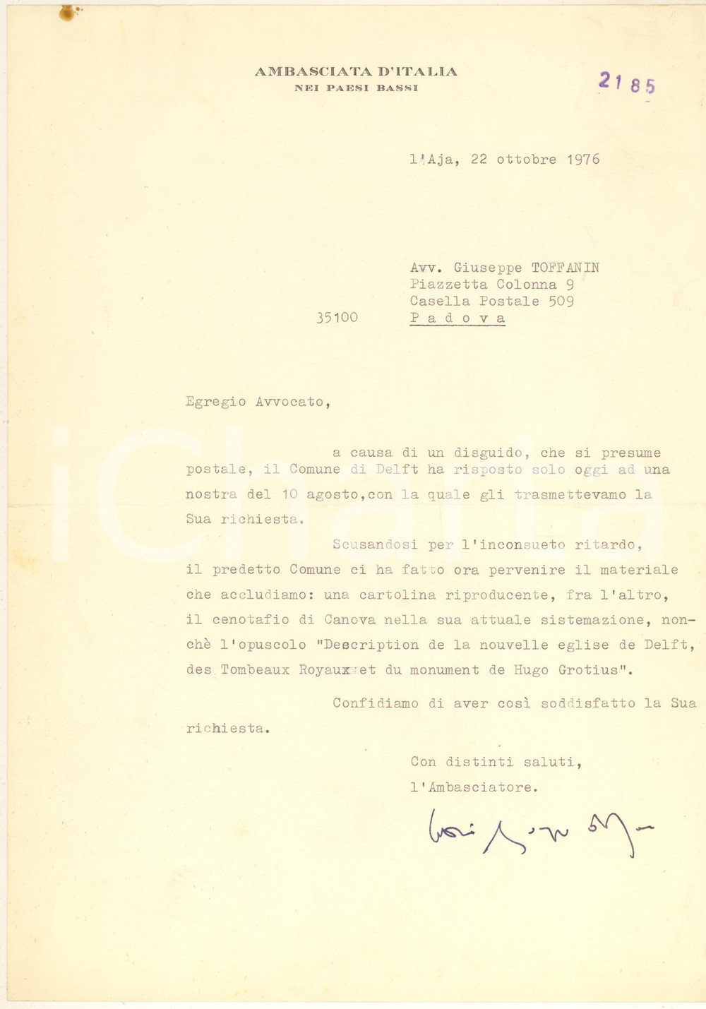 Autografo originale 1976 L AJA Ambasciata d Italia  Lettera Livio THEODOLI ambasciatore Autografo 1