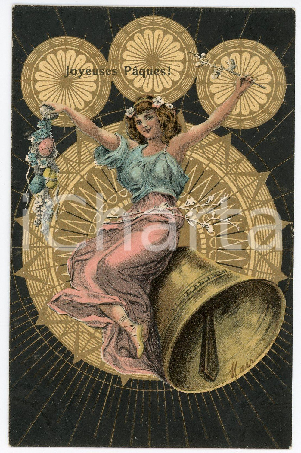 1905 ART NOUVEAU - JOYEUSES PAQUES - Woman on a bell - Postcard  Cartolina postale d'epoca, viaggiata. GOOD/buono  Formato: 9x14 cm originale e autentica 1