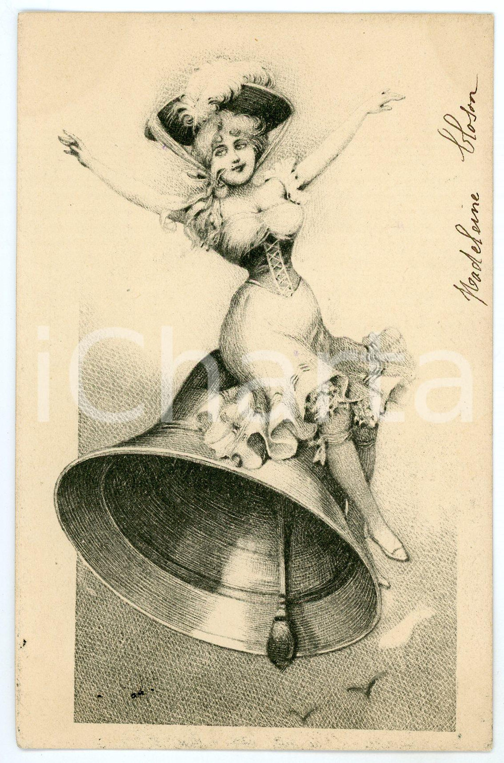 1900 ca FRANCE - PÃ¢ques - Femme sur une cloche - Old postcard  Cartolina postale d'epoca, viaggiata. GOOD/buono  Formato: 9x14 cm originale e autentica 1