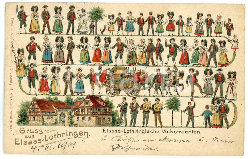 1909 ELSASS-LOTHRINGEN / ALSAZIA-LORENA - Folklore - costumi *Embossed postcard  Cartolina postale originale d'epoca, viaggiata. GOOD/buono ma piccola impressione di inchiostro al verso Formato: 14x9 cm originale e autentica 1