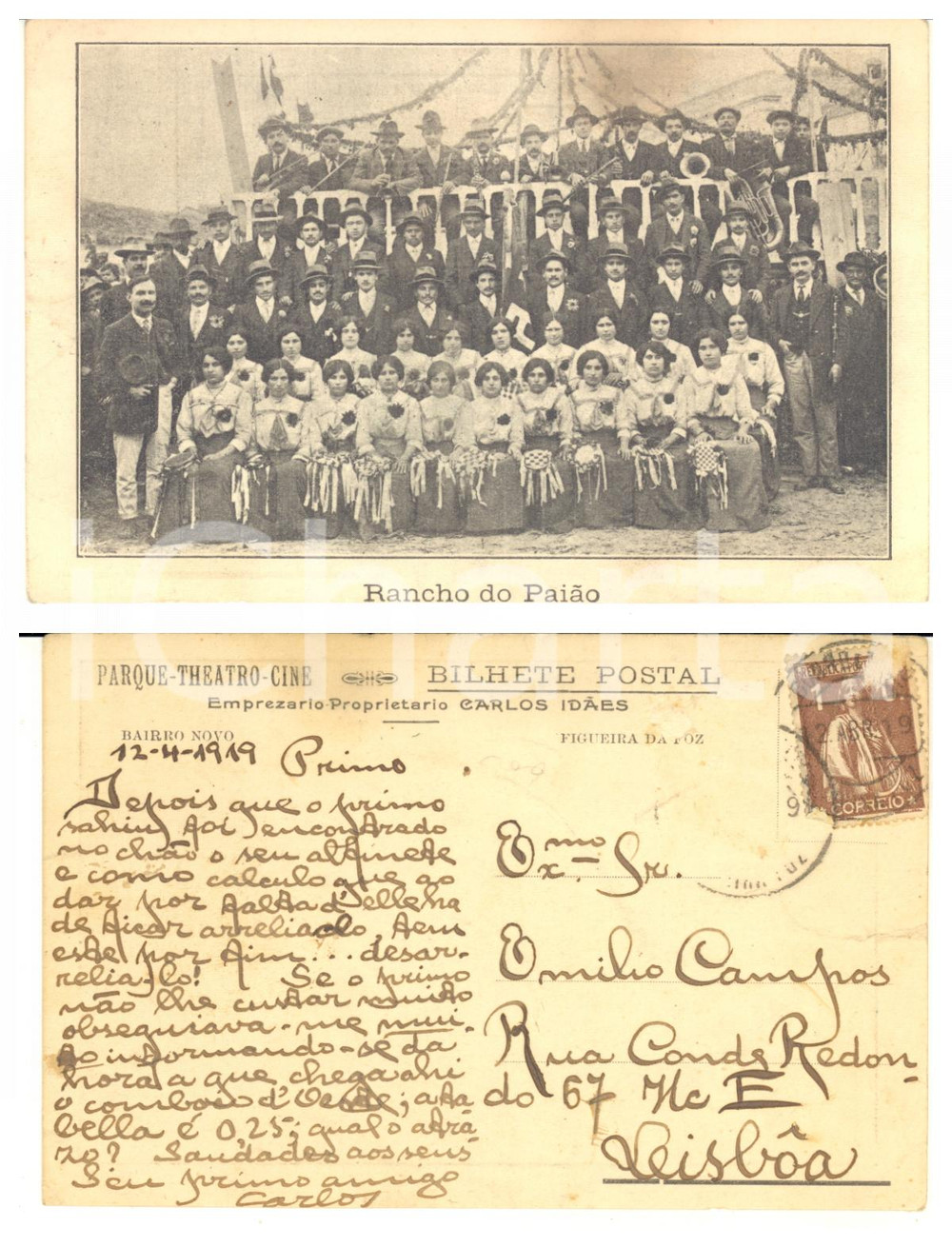 1919 FIGUEIRA DA FOZ Parque-Teatro-Cine - Rancho do Paião ^Postcard Carlos IDAES  Cartolina postale d'epoca, realizzata a scopo pubblicitario dall'impresario teatrale portoghese Carlos Idaes, con messaggio autografo al verso.Viaggiata.CONDIZIONI: P (piegature e lievi macchie)FORMATO: FP    originale e autentica 1