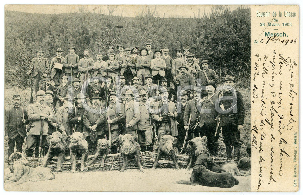 1906 MERSCH (LUXEMBOURG) Souvenir de la chasse 26 mars 1903 Carte postale RPPC  Cartolina postale d'epoca, viaggiata.CONDIZIONI: FAIR FORMATO: FP    originale e autentica 1