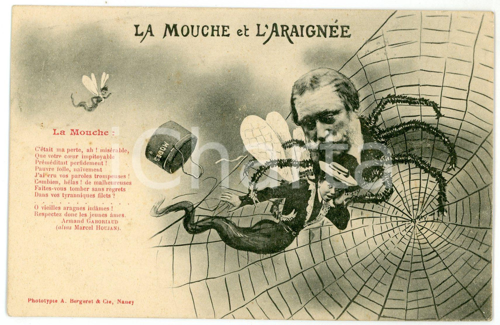 1903 HUMOUR La mouche et l'araignÃ©e - Antropomorphic vintage postcard FP VG  Cartolina postale d'epoca, viaggiata.CONDIZIONI: FAIR FORMATO: FP    originale e autentica 1