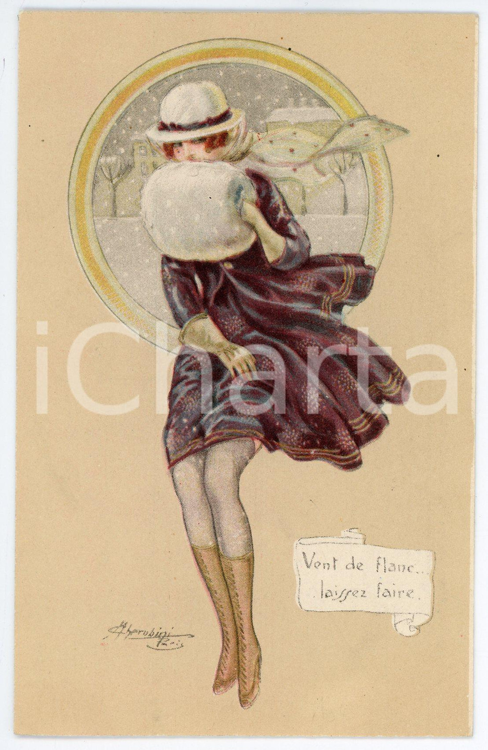 1920 ca EROTICA Artist M. CHERUBINI Vent de flanc, laissez faire - Carte postale  Cartolina postale d'epoca, non viaggiata.CONDIZIONI: FAIRFORMATO: FP    originale e autentica 1