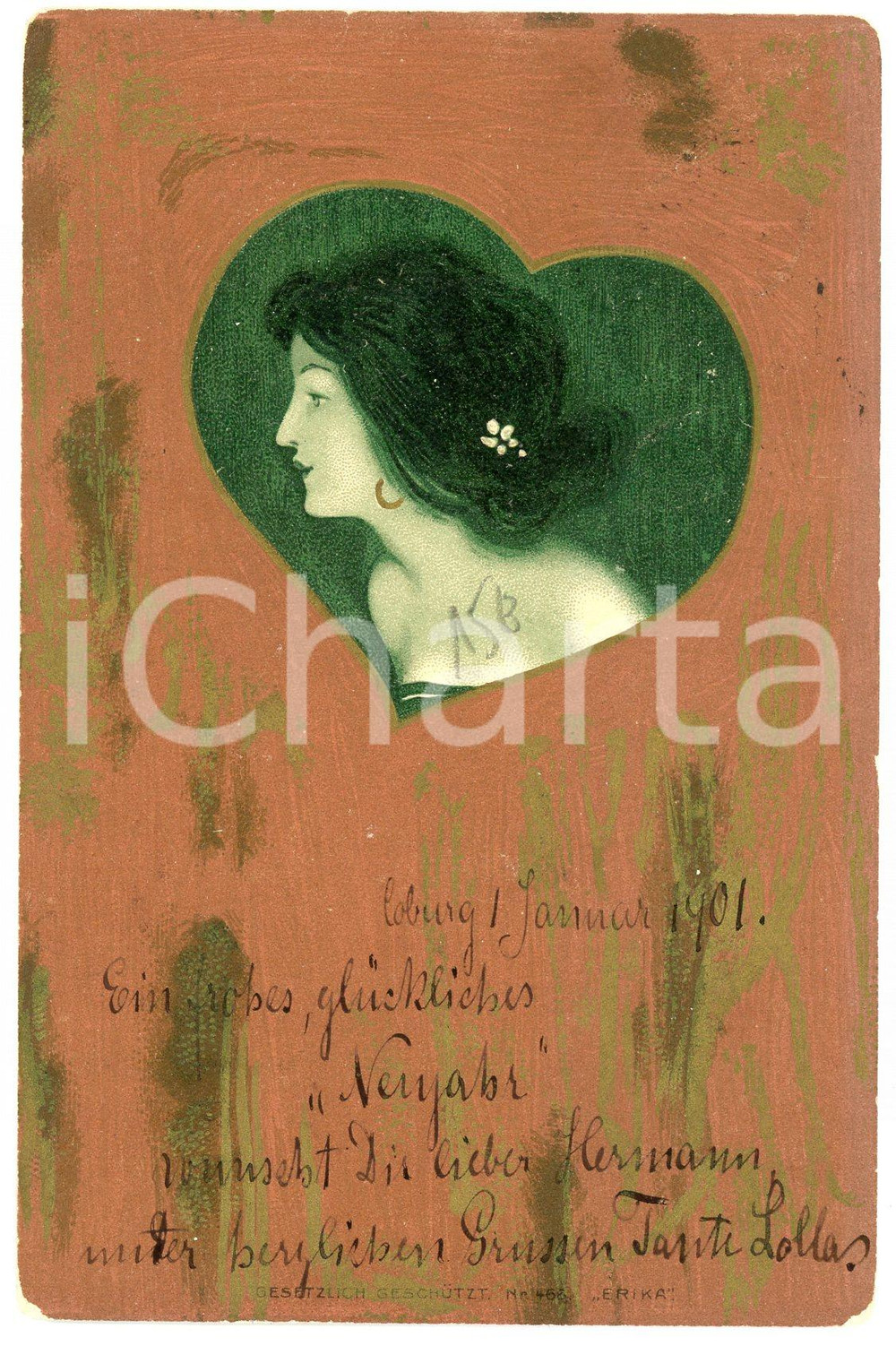 1900 ART NOUVEAU Raphael KIRCHNER - Lady - Golden postcard ERIKA  Cartolina postale d'epoca, opera dell'artista e illustratore Raphael Kirchner, viaggiata.CONDIZIONI: G (minime smussature angolari)FORMATO: FP    originale e autentica 1