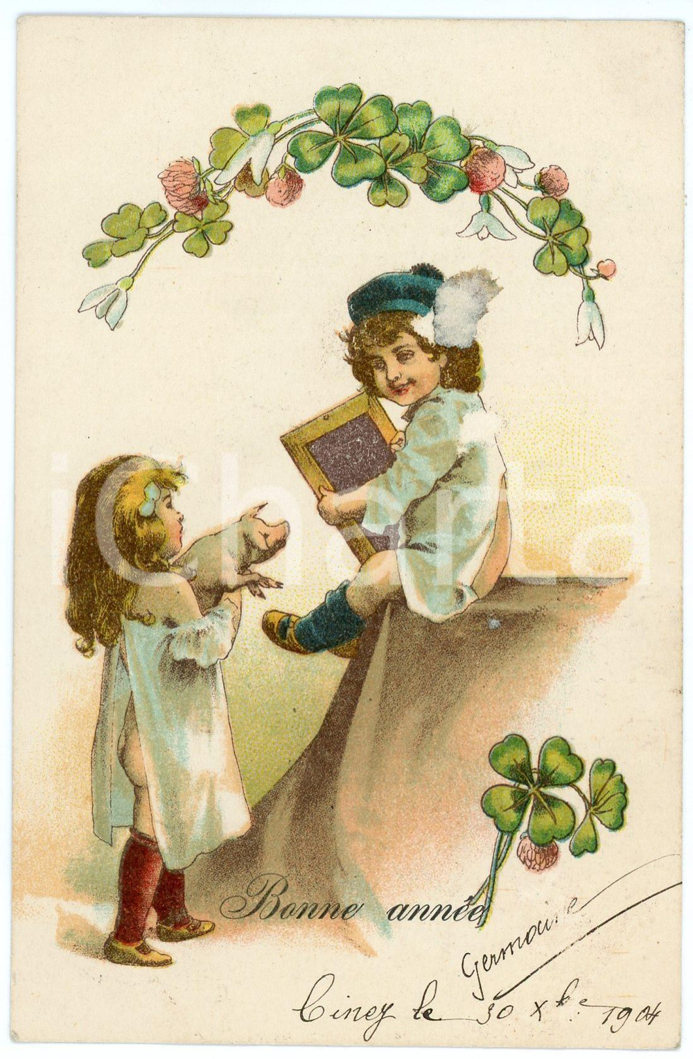 1904 BONNE ANNÉE - Children with lucky pig in arms - Carte postale  Cartolina postale d'epoca, viaggiata.CONDIZIONI: G (minima piegatura angolare)FORMATO: FP    originale e autentica 1