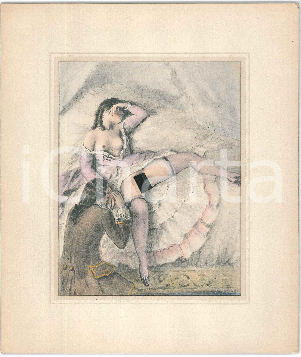 1950 ca VINTAGE EROTIC Sex in XVIIIth century - Woman upskirt - Engraving 14x17  Stampa originale d'epoca, montata su cartoncino rigido con passepartout in cartoncino.Ritocchi manuali. GOOD/buono  Formato: 14x17 cm originale e autentica 1