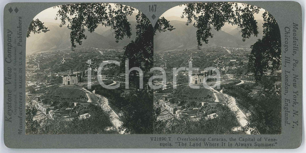 1910 ca CARACAS (VENEZUELA) Overlooking the Capital *Stereoview V21890 Fotografia stereoscopica d'epoca, su cartoncino rigido, n&deg; 13315 T.EDITORE: Meadville, Pa.  - Keystone View Company  GOOD/buono  Formato: 18x9 cm originale e autentica 1