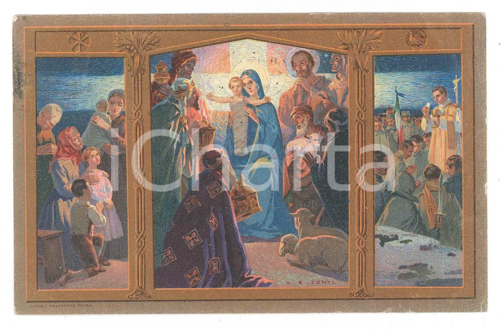 1916 GIOVENTÃ™ CATTOLICA ITALIANA NativitÃ  di Giovanni Battista CONTI Cartolina  Cartolina postale, viaggiata.  FAIR/discreto Lievi smussature agli angoli, piegatura all'angolo superiore destro FORMATO: 14x9 originale e autentica 1
