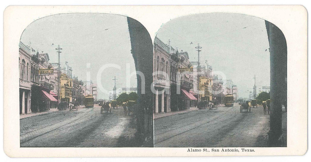 1900 ca USA SAN ANTONIO (TEXAS) Alamo Street *Chromolithograph Stereoview Fotografia stereoscopica d'epoca, in cromolitografia, su cartoncino.  GOOD/buono  Formato: 18x9 cm originale e autentica 1