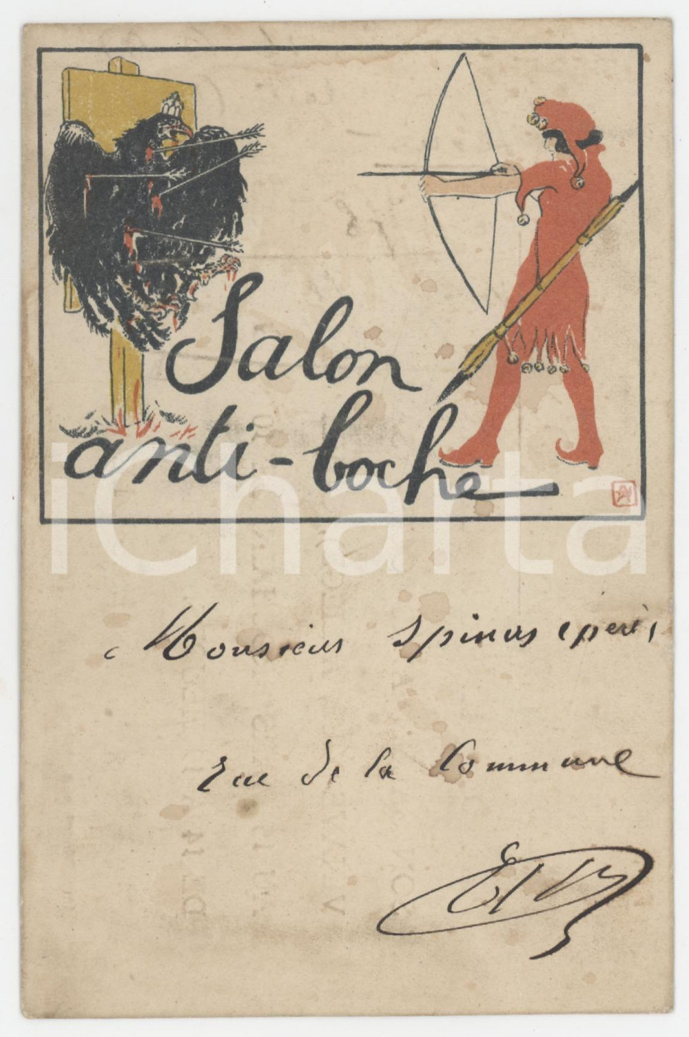 1919 LIEGE Salon anti-boche - Illustrée par Armand RASSENFOSSE - 9x14 cm Cartolina illustrata d'epoca.   FAIR/discreto Lievi smussature agli angoli, ingialliture, macchie Formato: 9x14 cm originale e autentica 1