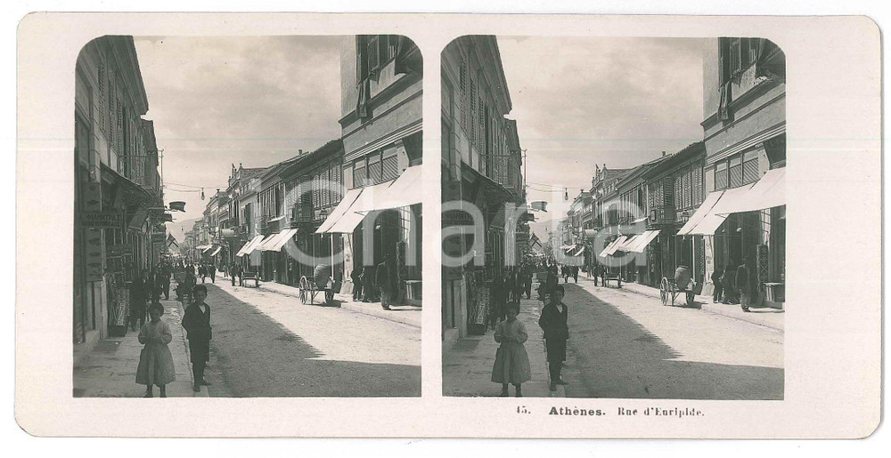 1905 ATHÃˆNES Rue d'Euripide - Stereoview STEGLITZ BERLIN n. 45 Fotografia stereoscopica d'epoca.EDITORE: Steglitz-Berlin   GOOD/buono  Formato: 18x9 cm originale e autentica 1
