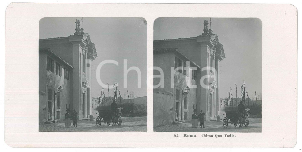 1906 ROMA Chiesa del Domine Quo Vadis *Stereoscopica ANIMATA carrozza 52 Fotografia stereoscopica d'epoca.EDITORE: Steglitz-Berlin   GOOD/buono  Formato: 18x9 cm originale e autentica 1