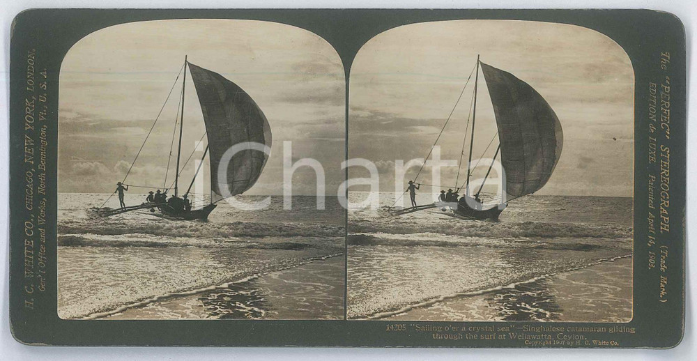 1907 WELLAWATTA (SRI LANKA) Singhalese catamaran *Stereoview WHITE 14305 Fotografia stereoscopica d'epoca, su cartoncino rigido.EDITORE: H. C. White, USA   GOOD/buono  Formato: 18x9 cm originale e autentica 1