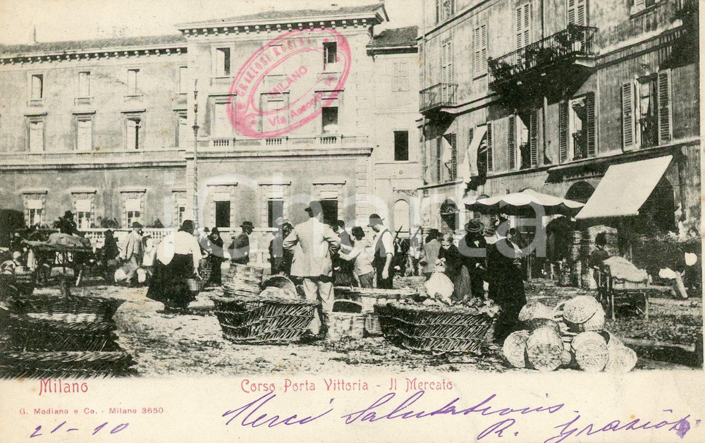 1902 MILANO Il mercato di Corso Porta Vittoria - Cartolina ANIMATA FP VG  Cartolina postale d'epoca, viaggiata.CONDIZIONI: POOR (ondulature al margine destro)FORMATO: FP    originale e autentica 1