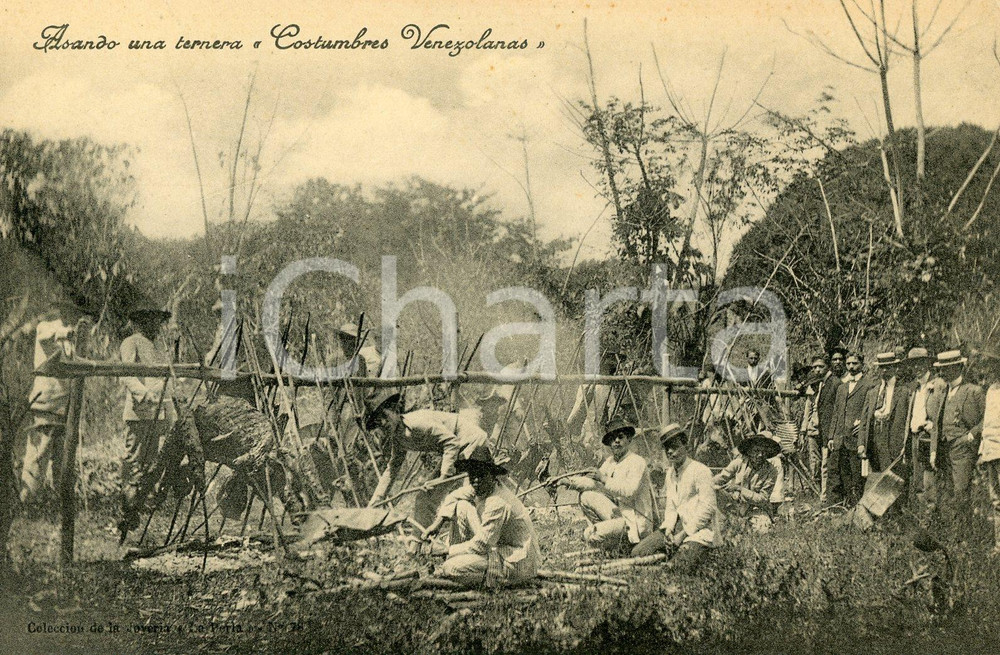 1910 ca COSTUMBRES VENEZOLANAS Asando una ternera - Tarjeta postal vintage  Cartolina postale d'epoca, non viaggiata.CONDIZIONI: GFORMATO: FP    originale e autentica 1