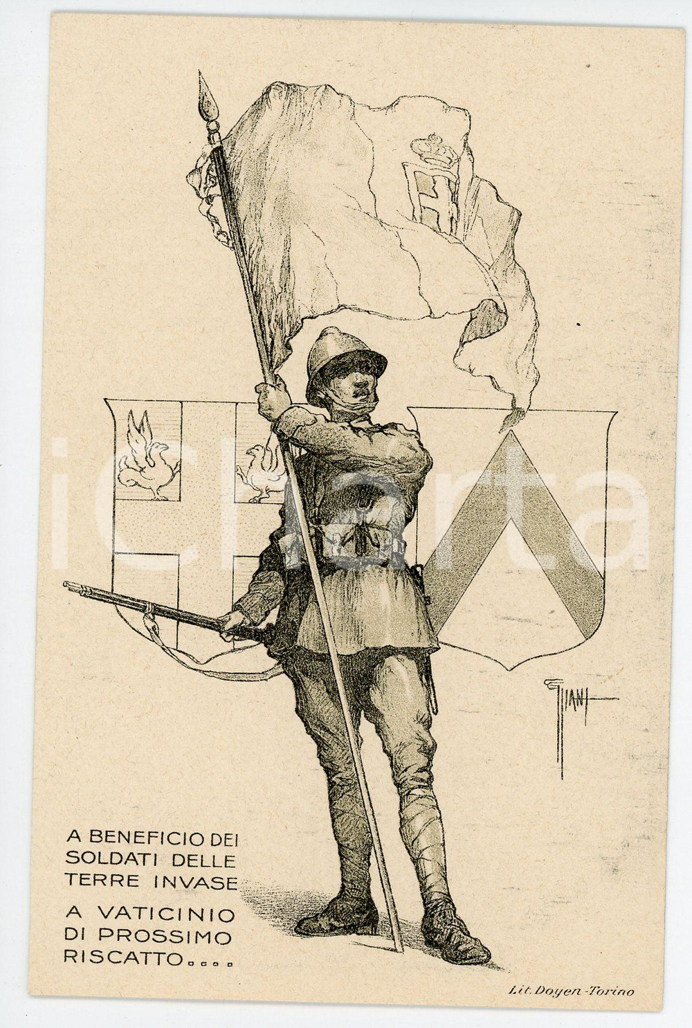 1915 ca WW1 Soldato con tricolore - A beneficio dei soldati - Cartolina FP NV  Cartolina postale d'epoca, non viaggiata. FAIR/discreto Lievi smussature agli angoli Formato: FP originale e autentica 1
