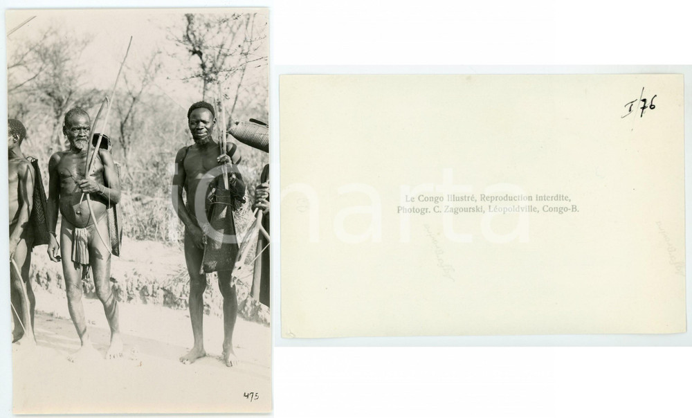 1930 ca C. ZAGOURSKI «Le Congo Illustré» CONGO BELGE Chasseurs - Postcard RPPC  Fotocartolina postale d'epoca, appartenente alla serie &laquo;Le Congo Illustr&eacute;&raquo; del fotografo Casimir Zagourski (L&eacute;opoldville).CONDIZIONI: FAIR (piegatura al margine superiore)FORMATO: 14x9 cm  originale e autentica 1