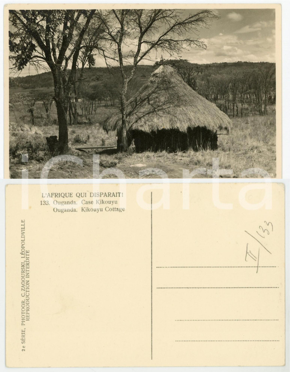 1930 C. ZAGOURSKI Â«L'Afrique qui disparaÃ®tÂ»  OUGANDA Case Kikouyu - Postcard  Fotocartolina postale d'epoca, appartenente alla 2^ serie &laquo;L'Afrique qui dispara&icirc;t&raquo; del fotografo Casimir Zagourski (L&eacute;opoldville).N&deg;133, non viaggiata.CONDIZIONI: G (minima smussatura angolare)FORMATO: 14x9 cm     originale e autentica 1