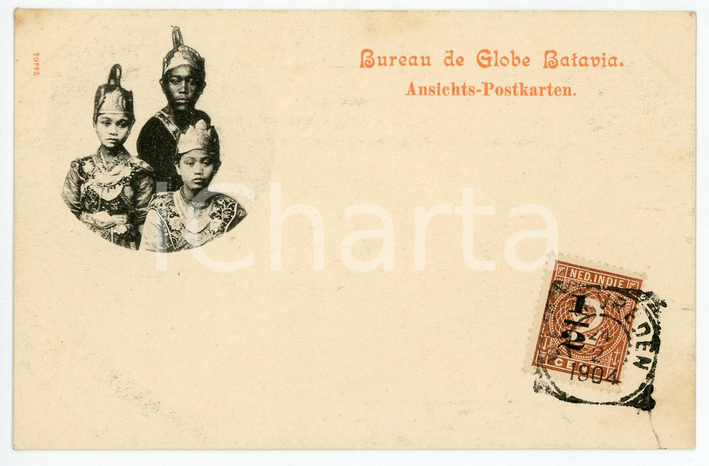 1904 BATAVIA Bureau de Globe (DUTCH EAST INDIES) Children in folk dress Postcard Cartolina postale d'epoca, viaggiata.CONDIZIONI: FAIRFORMATO: FP    originale e autentica 1