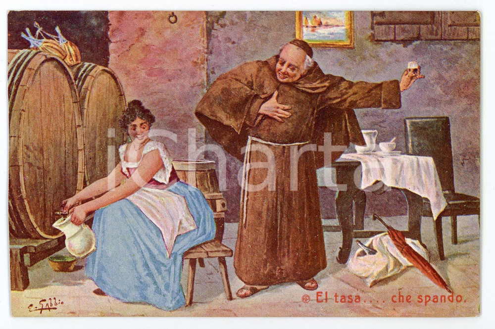 1900 ca HUMOUR - FRATI El tasa...che spando - Frate beve vino - Cartolina FP NV  Cartolina d'epoca, non viaggiata.ILLUSTRATORE: G. Gabbio FAIR/discreto Lievi mussature agli angoli Formato: FP originale e autentica 1