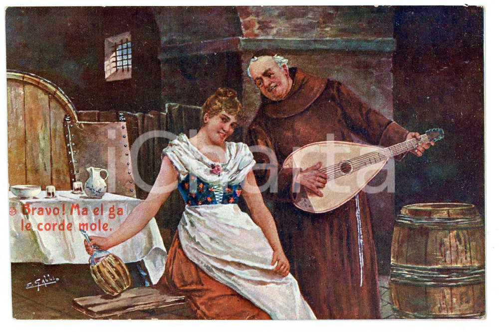 1900 ca HUMOUR Frate canta serenata - Bravo! Ma el ga le corde mole - Cartolina  Cartolina d'epoca, non viaggiata.ILLUSTRATORE: G. Gabbio FAIR/discreto Lievi mussature agli angoli Formato: FP originale e autentica 1