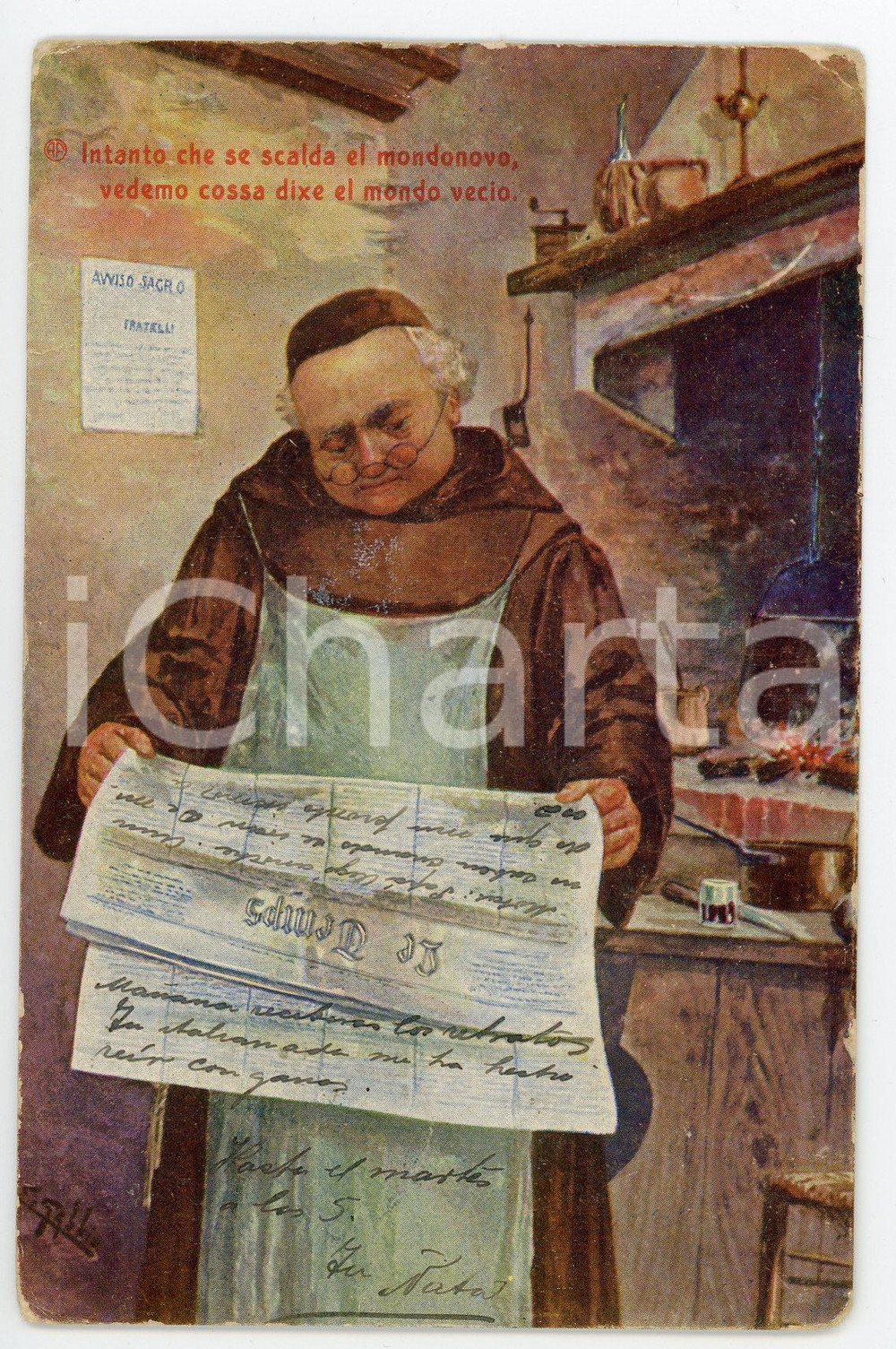 1905 HUMOUR Frate legge LE TEMPS - Mondo novo e mondo vecio - Cartolina FP NV  Cartolina d'epoca, viaggiata.ILLUSTRATORE: G. Gabbio FAIR/discreto Smussature e lievi abrasioni agli angoli Formato: FP originale e autentica 1