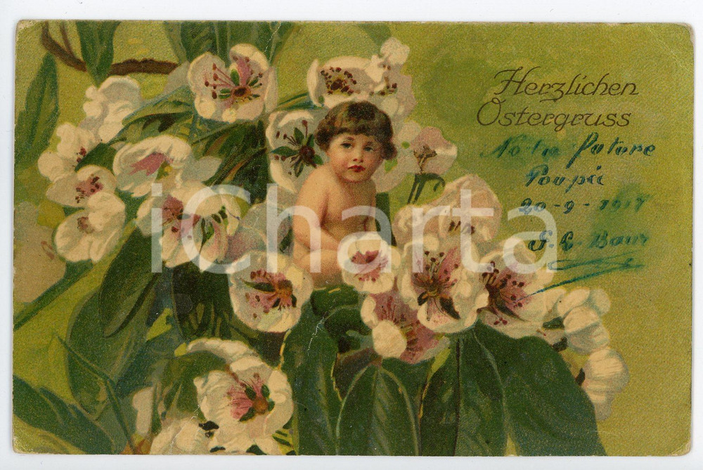 1917 HERZLICHEN OSTERGRUSS - HAPPY EASTER Child with flower ILLUSTRATED Postcard  Cartolina postale, viaggiata. FAIR/discreto Smussature e piegature agli angoli Formato: FP originale e autentica 1