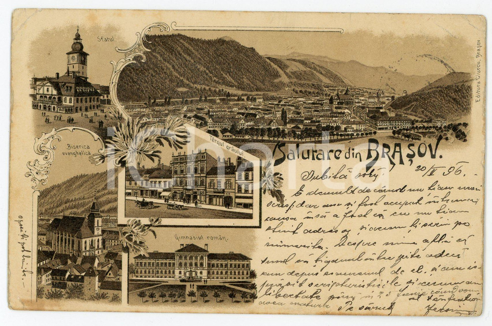 1896 BRASOV (ROMANIA) Views - Biserica Evangelica - Old illustrated postcard Cartolina postale d'epoca, viaggiata.CONDIZIONI: P (piegature angolari, con lievi macchie)FORMATO: FP    originale e autentica 1
