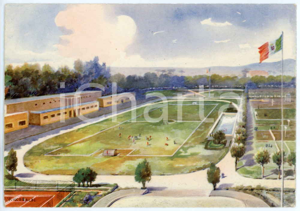 1942 CASERTA Regia Accademia Aeronautica - Il campo sportivo - Cartolina FG NV  Cartolina postale d'epoca, non viaggiata.Illustrazione di Riccobaldi.CONDIZIONI: fairFORMATO: FG    originale e autentica 1