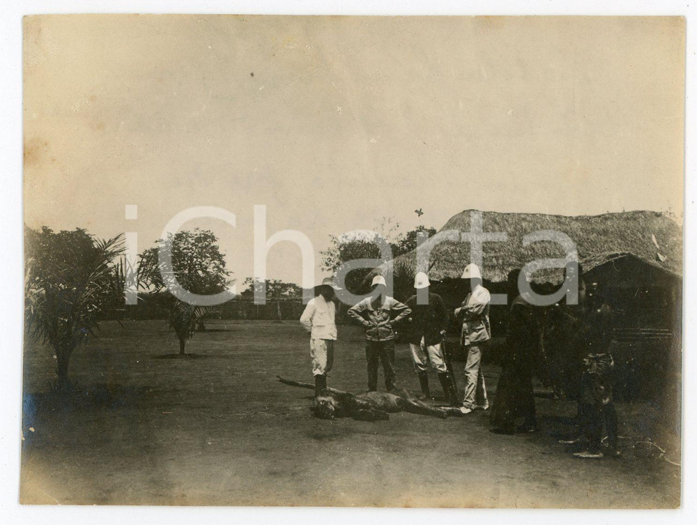 1910 KASOLA Village de KOPANGA (CONGO BELGE) Chasseurs avec proie - Photo 12x9 Fotografia d'epoca.  FAIR/discreto Lievi smussature e piegature agli angoli Formato: 12x9 originale e autentica 1