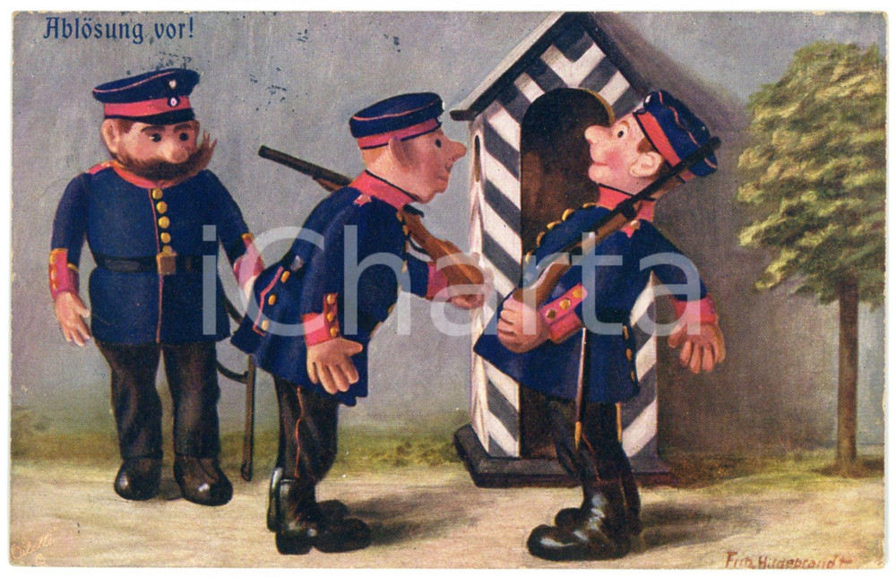 1911 Artist Fritz HILDEBRAND Soldatenpuppen - Ablosung, vor - Postkarte  Cartolina postale d'epoca, viaggiata. FAIR/discreto Smussature agli angoli Formato: FP originale e autentica 1