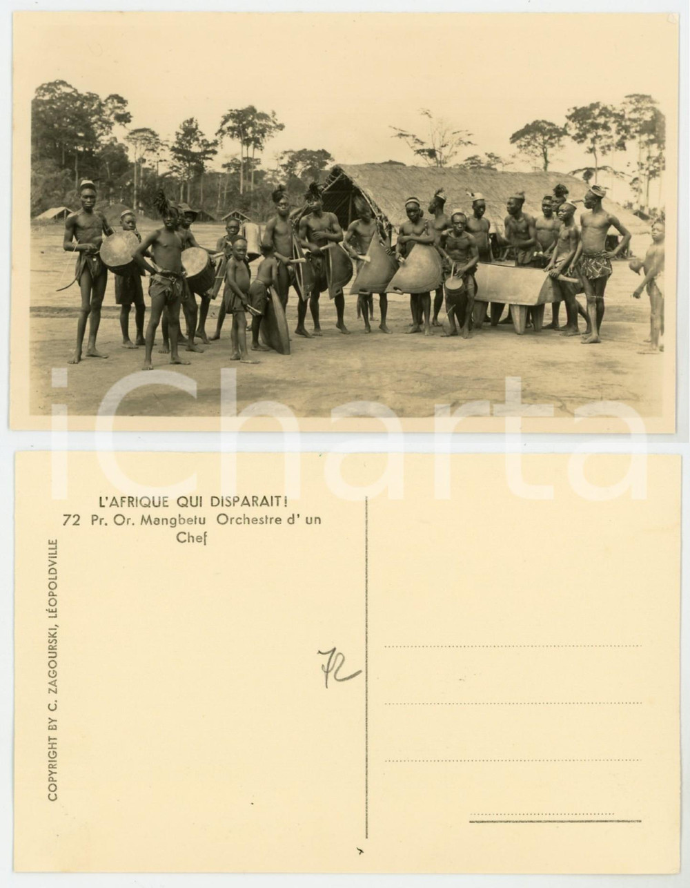 1930 ca C. ZAGOURSKI Â«L'Afrique qui disparaÃ®tÂ» MANGBETU - Orchestre d'un chef  Fotocartolina postale d'epoca, appartenente alla serie &laquo;L'Afrique qui dispara&icirc;t&raquo; del fotografo Casimir Zagourski (L&eacute;opoldville).N&deg; 72, non viaggiata.CONDIZIONI: G (minima sbrecciatura angolare)FORMATO: 14x9 cm     originale e autentica 1