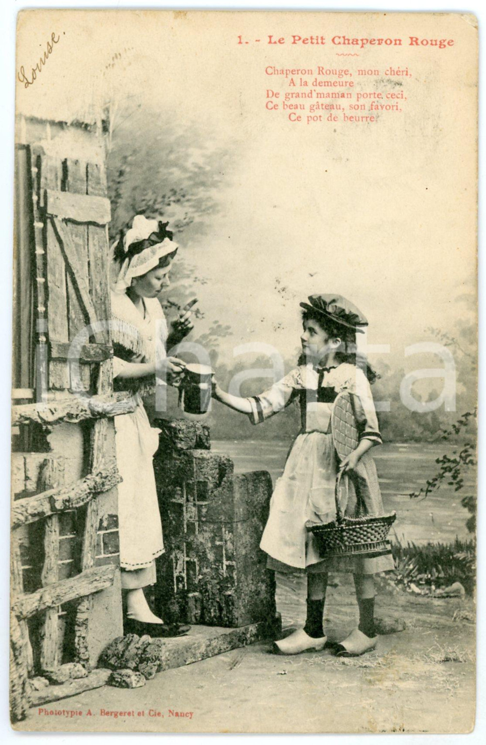 1903 FRANCE - ENFANTS - Le Petit Chaperon Rouge *Postcard A. BERGERET n.1  Cartolina postale d'epoca, viaggiata.EDITORE: A. Bergeret - Nancy POOR/danneggiato piegatura al lato sinistro; smussatura angolare; piccola impressione di inchiostro al verso Formato: 9x14 cm originale e autentica 1
