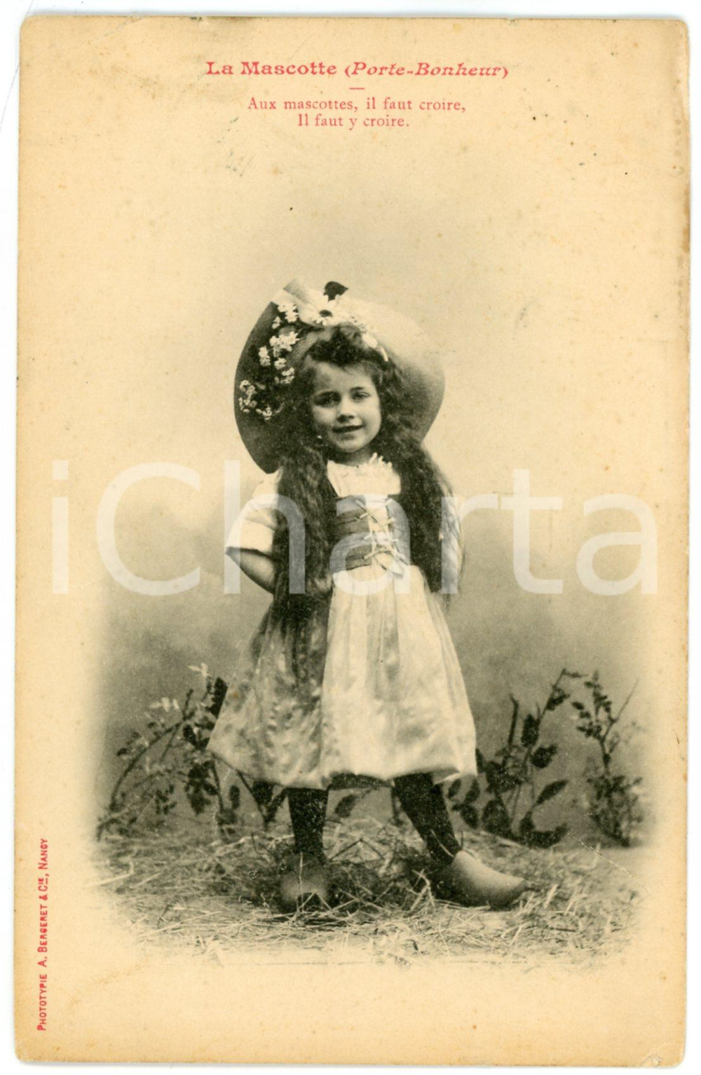 1904 FRANCE - ENFANTS - La Mascotte (Porte-bonheur) *Postcard A. BERGERET  Cartolina postale d'epoca, viaggiata.EDITORE: A. Bergeret - Nancy FAIR/discreto lievi piegature angolari e smussature; piccola impressione di inchiostro al verso Formato: 9x14 cm originale e autentica 1