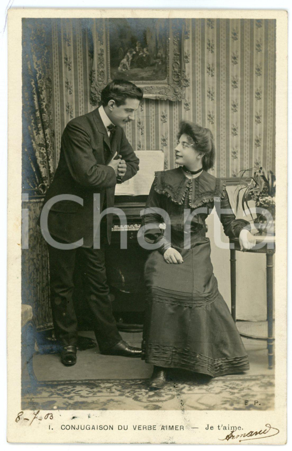 1903 CONJUGAISON DU VERB AIMER - Je t'aime - Couple - Vintage postcard nÂ°1  Cartolina postale d'epoca, viaggiata.CONDIZIONI: GFORMATO: FP    originale e autentica 1