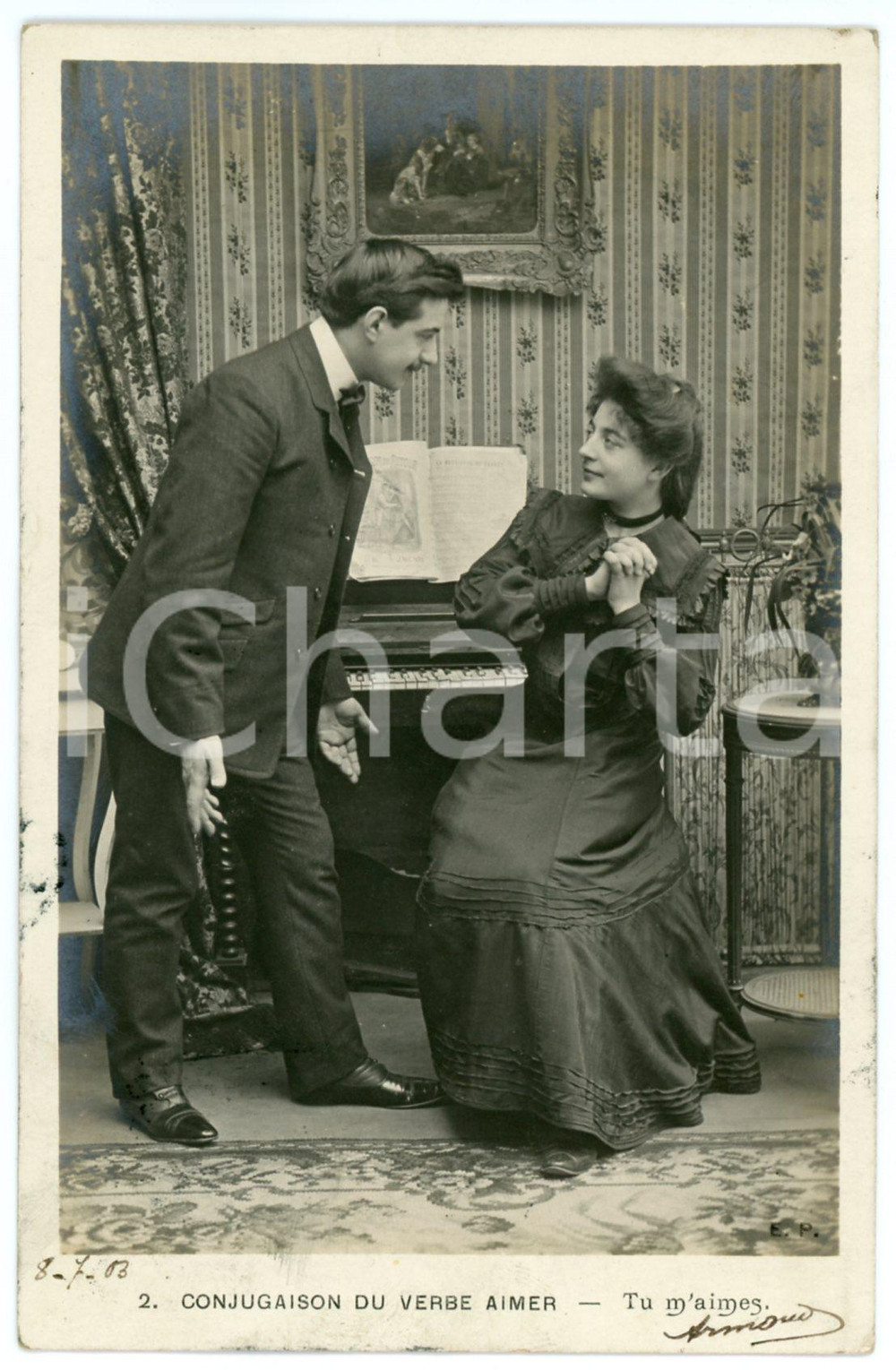 1903 CONJUGAISON DU VERB AIMER - Tu m'aimes - Couple - Vintage postcard nÂ°2  Cartolina postale d'epoca, viaggiata.CONDIZIONI: GFORMATO: FP    originale e autentica 1