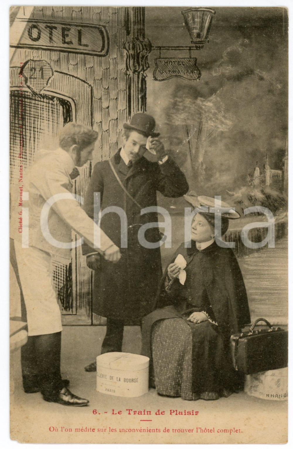 1905 ca COUPLE Le Train de Plaisir - L'hôtel complete - ill.MANUEL *Postcard n°6  Cartolina postale d'epoca, non viaggiata.CONDIZIONI: P (abrasioni angolari e residui di colla al verso; minima mancanza all'angolo inferiore sinistro)FORMATO: FP    originale e autentica 1