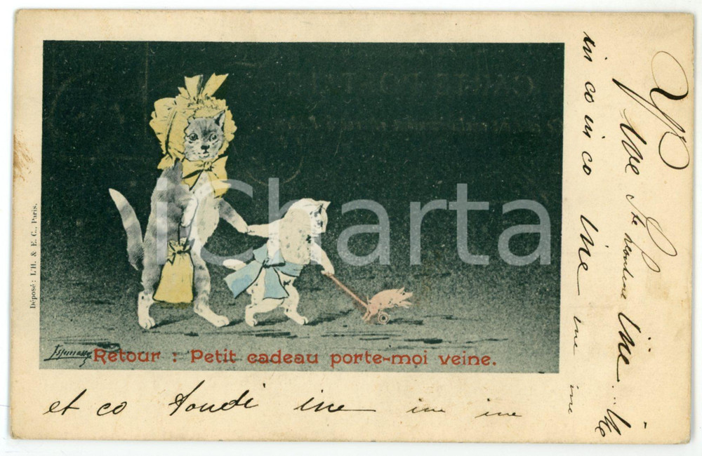 1902 Artist ESPINASSE - Cats - Retour: petit cadeau porte-moi veine - Postcard  Cartolina postale d'epoca, viaggiata. GOOD/buono  Formato: 9x14 cm originale e autentica 1