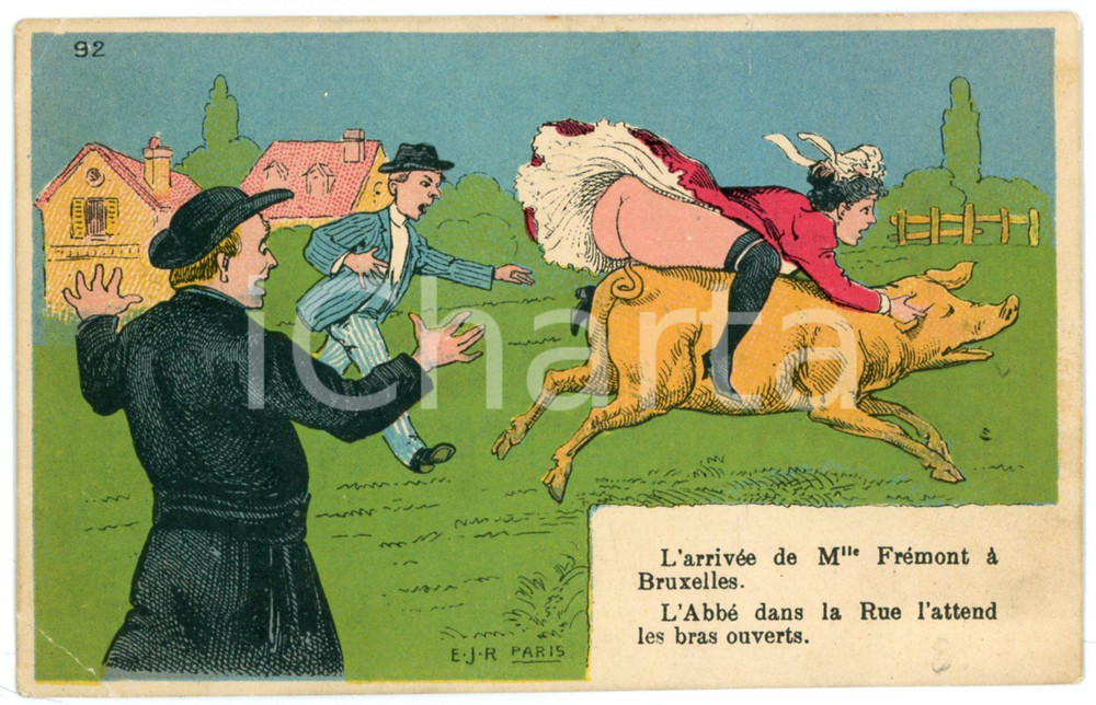 1910 ca HUMOUR Arrivée de Mlle Frémont à Bruxelles *EROTIQUE cochon E.J.R. PARIS Cartolina postale d'epoca, illustrata, non viaggiata.CONDIZIONI: FAIR (piegatura angolare)FORMATO: FP    originale e autentica 1