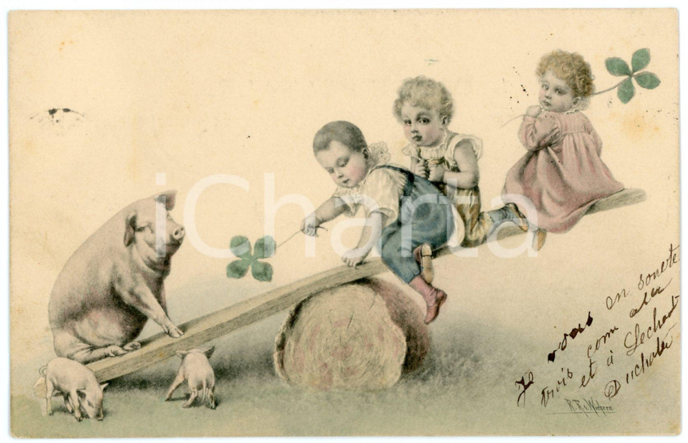 1903 GOOD LUCK Children playing with pigs - Old postcard ill. Raimund WICHERA  Cartolina postale d'epoca, viaggiata.CONDIZIONI: GFORMATO: FP    originale e autentica 1