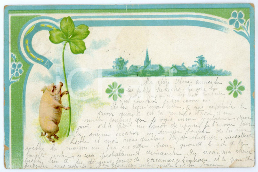 1904 LUCKY PIG with four leaf clovers and horseshoe - Vintage postcard  Cartolina postale d'epoca, viaggiata.CONDIZIONI: F (piccolo strappo al lato sinistro; piccole abrasioni ai lati)FORMATO: FP    originale e autentica 1