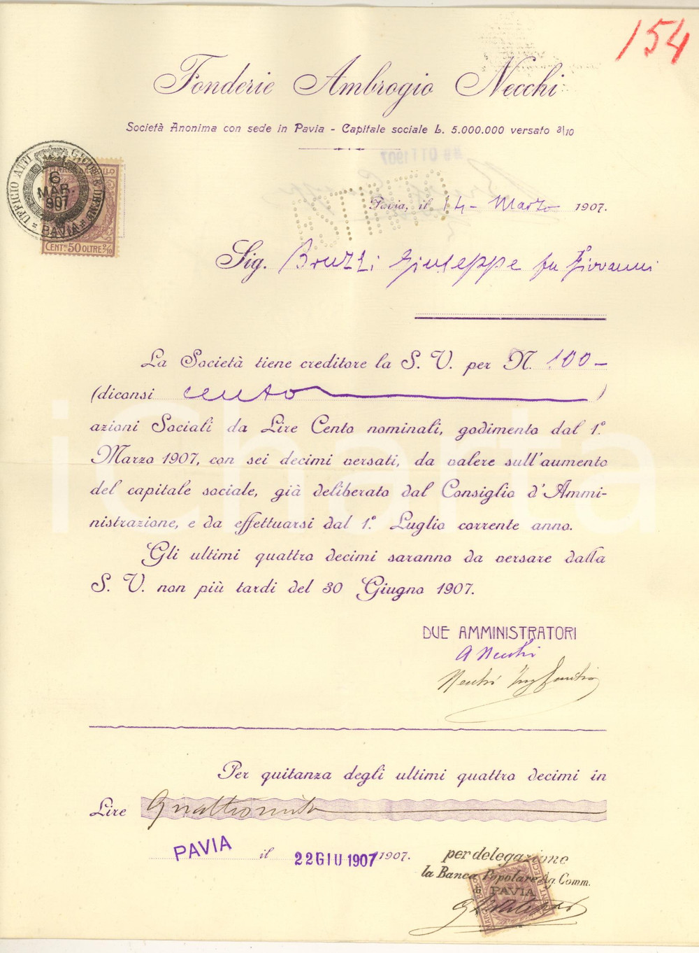 1907 PAVIA Fonderie Ambrogio NECCHI - Certificato azioni - AUTOGRAFO (2)  Certificato con firma autografa degli amministratori, tra i quali Ambrogio Necchi.CONDIZIONI: FAIR (piegatura centrale d'epoca)    originale e autentica 1