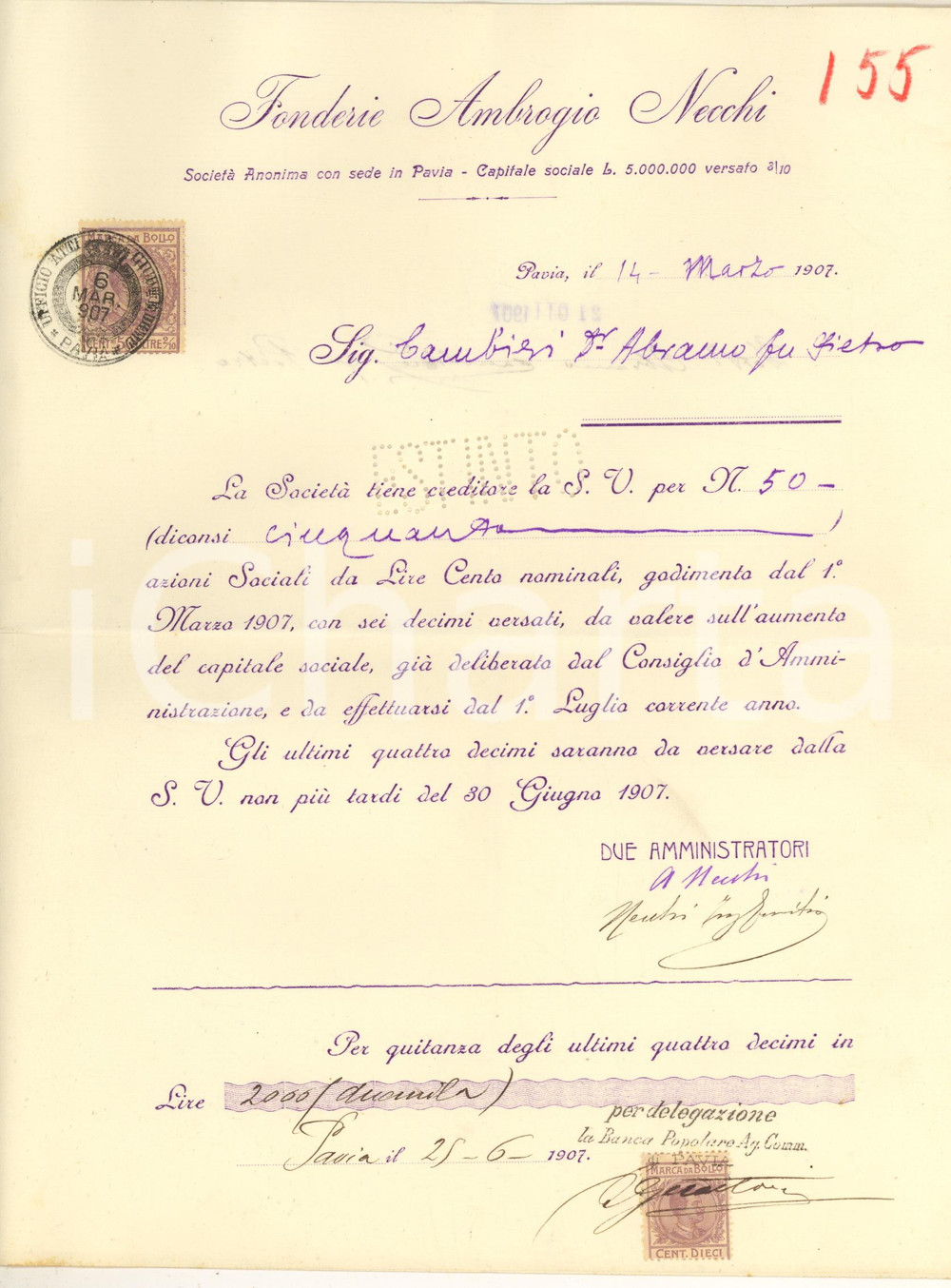 1907 PAVIA Fonderie Ambrogio NECCHI - Certificato azioni - AUTOGRAFO (3)  Certificato con firma autografa degli amministratori, tra i quali Ambrogio Necchi.CONDIZIONI: FAIR (piegatura centrale d'epoca)    originale e autentica 1