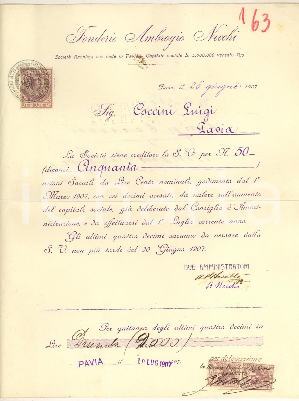 1907 PAVIA Fonderie Ambrogio NECCHI - Certificato azioni - AUTOGRAFO (6)  Certificato con firma autografa degli amministratori, tra i quali Ambrogio Necchi.CONDIZIONI: FAIR (piegatura centrale d'epoca)    originale e autentica 1