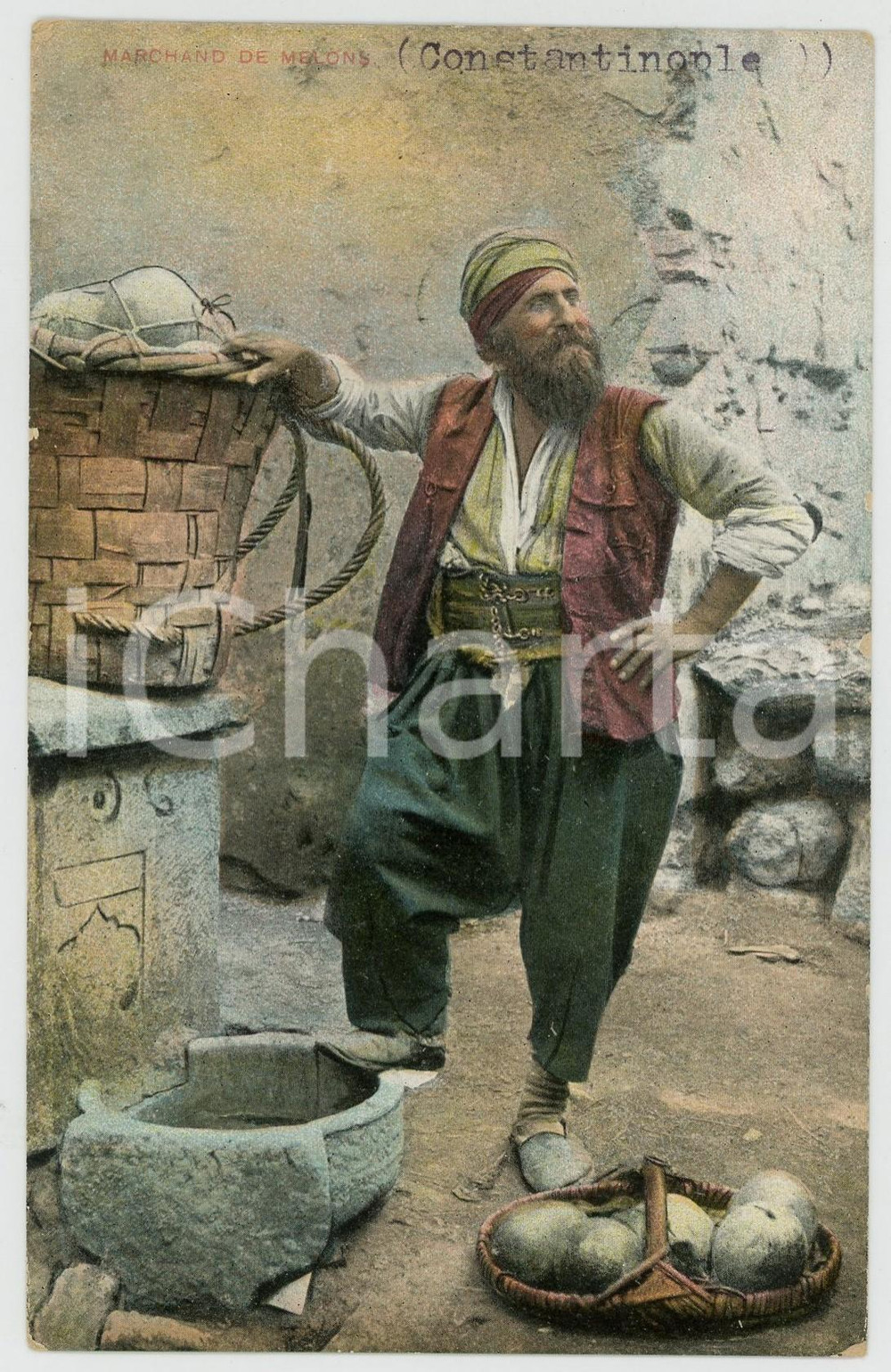 1908 CONSTANTINOPLE (TURQUIE) Marchand de melons - Carte postale chromo  Cartolina postale d'epoca, stampata in cromolitografia, viaggiata.CONDIZIONI: GFORMATO: FP    originale e autentica 1