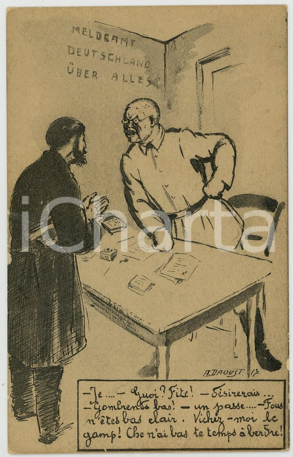 1917 WW1 - SATIRE Artist A. DAOUST Meldeamt Deutschland uber alles - Postcard FP  Cartolina postale, non viaggiata. FAIR/discreto Smussature agli angoli Formato: FP originale e autentica 1