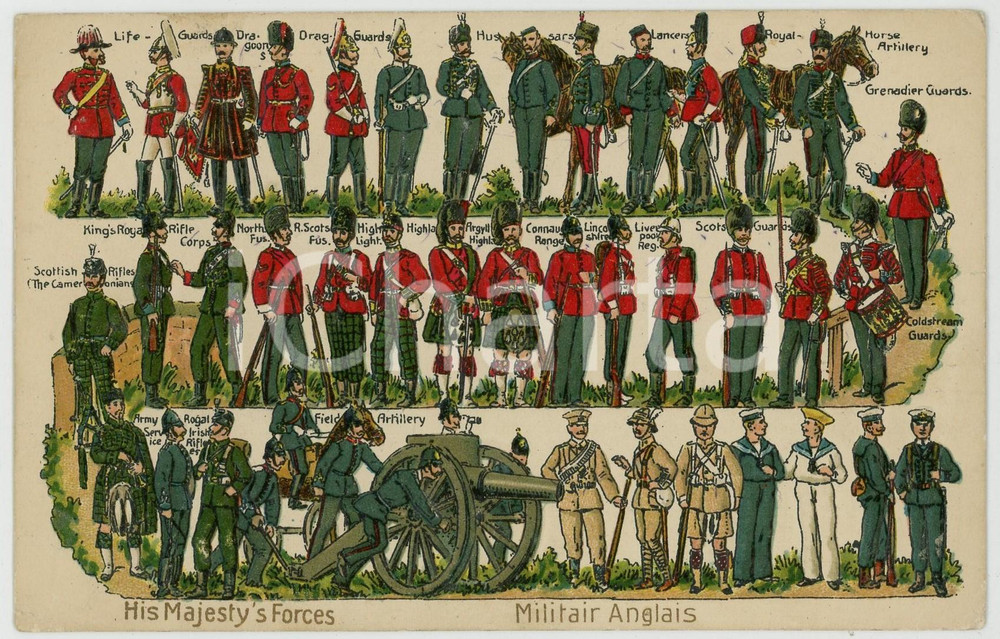 1910 ca UK His Majesty's forces - Militair anglais ILLUSTRATED embossed postcard  Cartolina postale d'epoca, non viaggiata. POOR/danneggiato Smussature agli angoli, disegni a biro al verso, strappo al margine sinistro Formato: FP originale e autentica 1